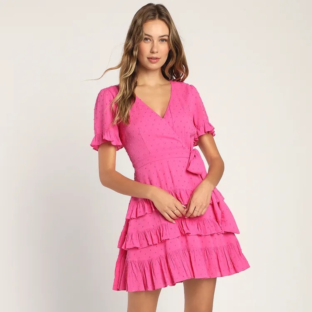 Lulus: Call Me Cute Hot Pink Swiss Dot Tiered Faux Wrap Mini Dress
